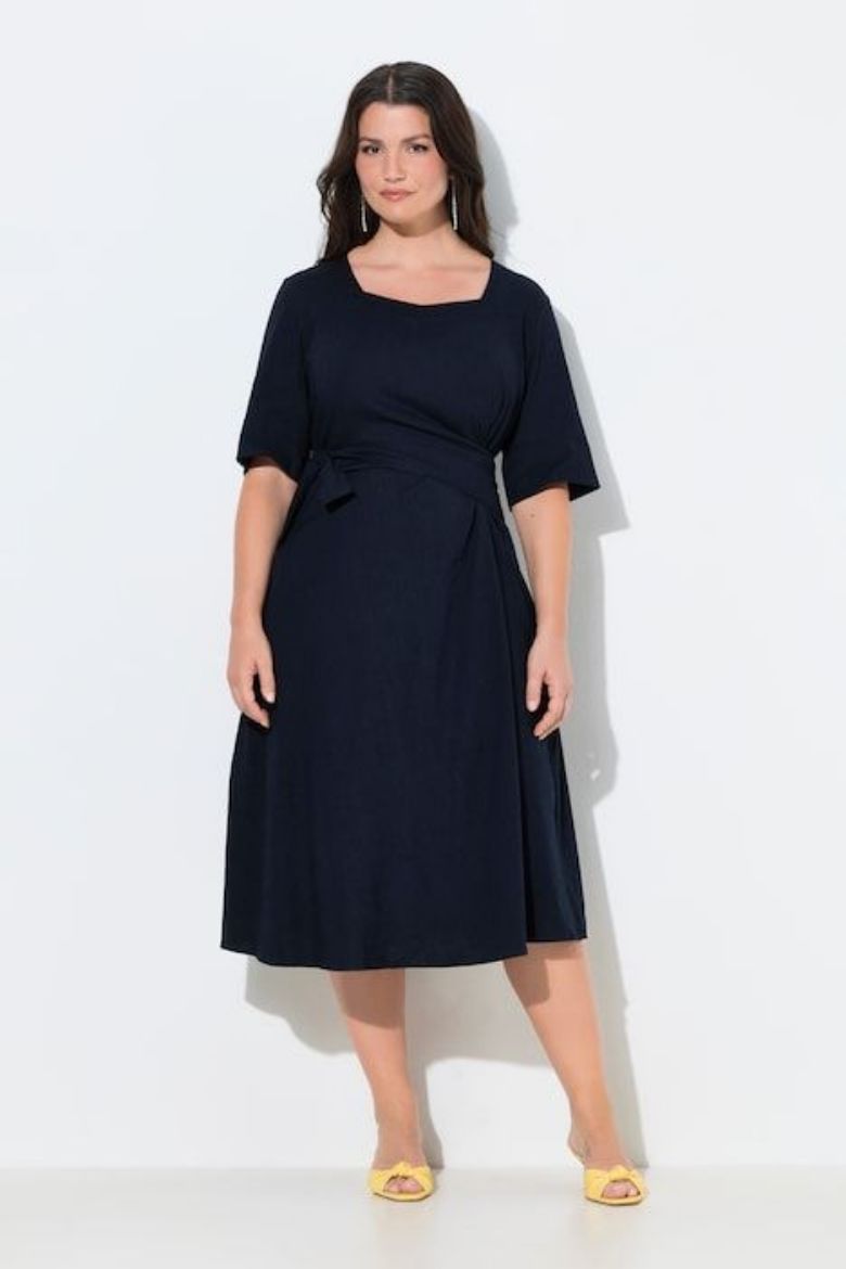 Plus size veliki brojevi Haljina midi kratkih rukava lanena za punije